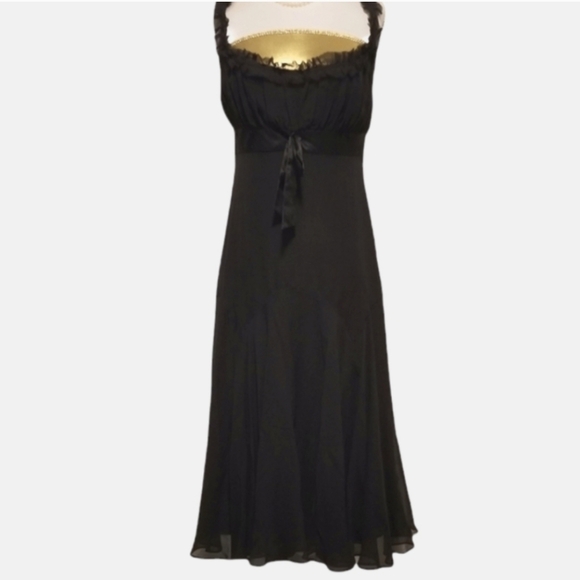 TED BAKER London Black Silk Dress Ruffle Trim and Bow Tie Accent Empire Waist - Picture 2 of 16